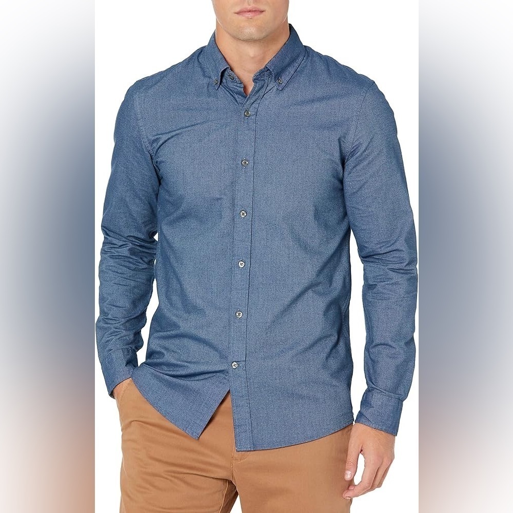 GOODTHREADS Men's Slim-Fit Long-Sleeve Oxford Indigo Chambray Button Up Size M